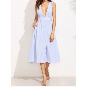 Plunging Neckline Striped Button Front Flare Dress